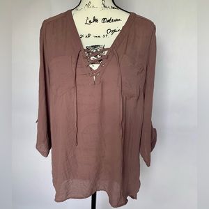 Maurice’s Mauve 3/4 Sleeve Lace Up V-neck Blouse large